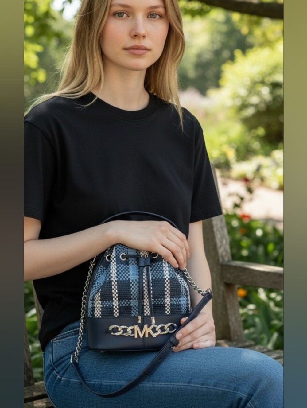 NWT Michael Kors Blue & White checkered crossbody bucket med bag purse